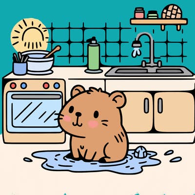 cute capybara taking a bath in a kitchen