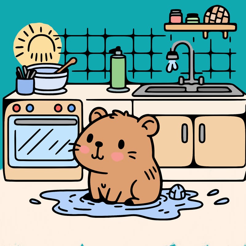 cute capybara taking a bath in a kitchen