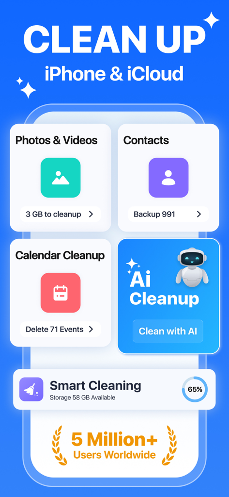 Interfaz de la aplicación Phone Cleaner que muestra herramientas de gestión de almacenamiento para fotos, contactos y limpieza con IA.