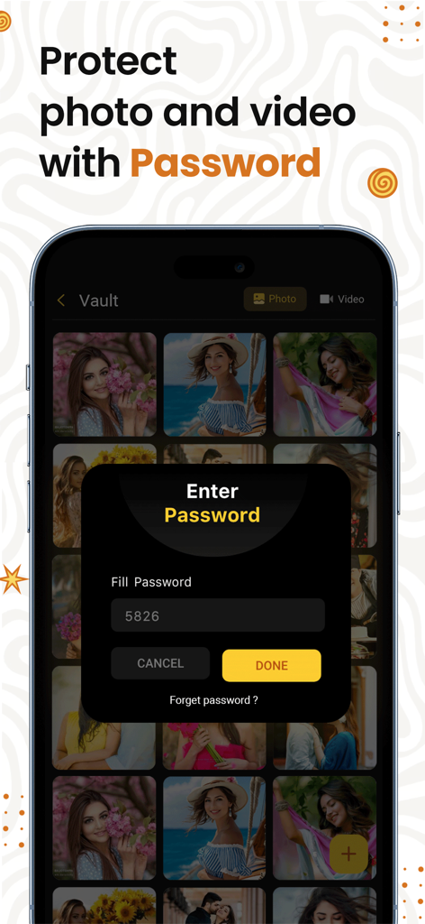 Una pantalla de la aplicación móvil mostrando una función de bóveda de fotos y videos protegida por contraseña con una ventana emergente de entrada de código numérico.
