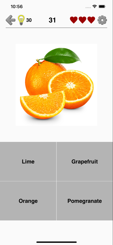 Fruit and Vegetables - Quiz - A multiple choice quiz screen from the app showing a realistic photo of an orange with four possible answers