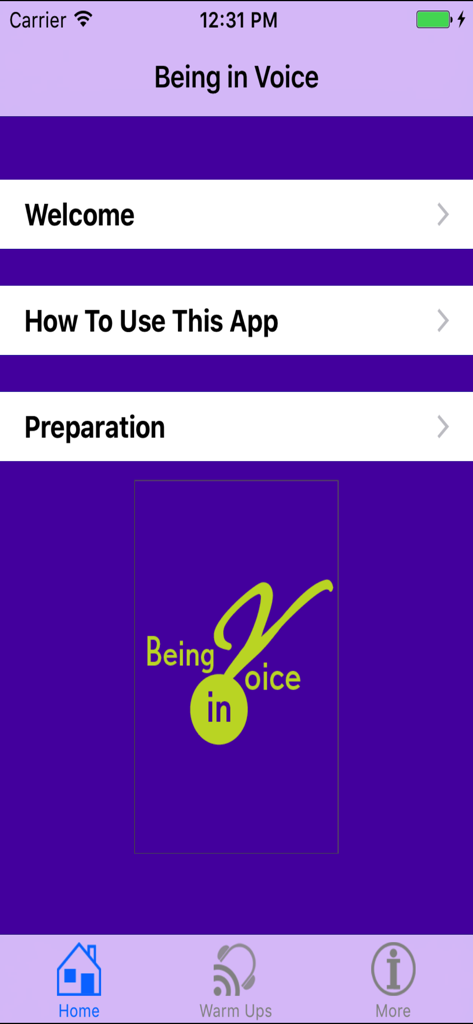 Being in Voice - The home screen of the Being in Voice app featuring a purple interface with menu options for Welcome, How To Use This App, and Preparation.