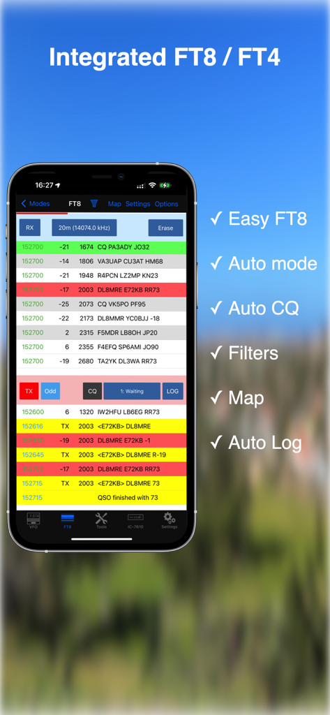 SDR-Control Mobile - SDR-Control Mobile app interface showing integrated FT8 and FT4 digital mode tools for Icom ham radio transceivers