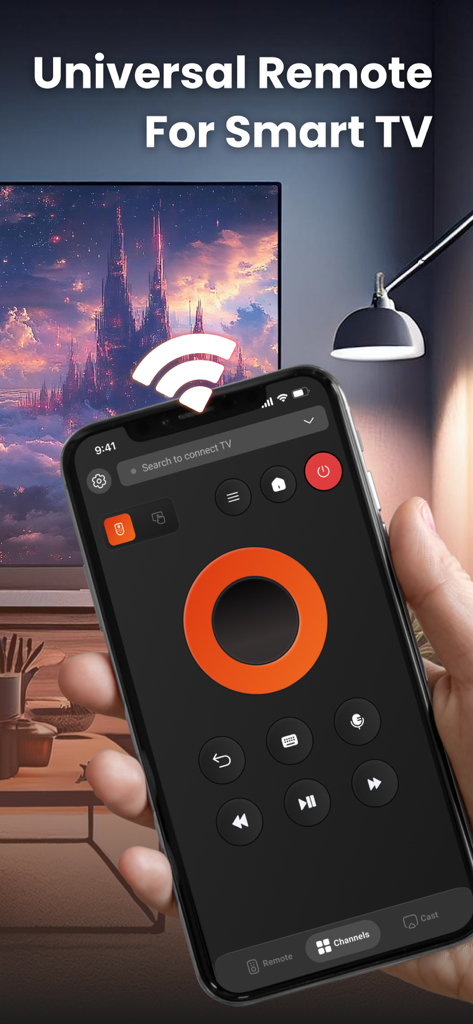 Universal Control TV Remote - Ein Smartphone-Bildschirm zeigt eine Universalfernbedienungs-Oberfläche für einen Smart TV