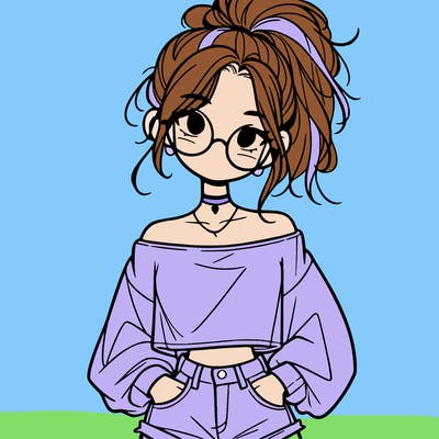 girl with a messy ponytail glasses a baggy crop top and jean shorts