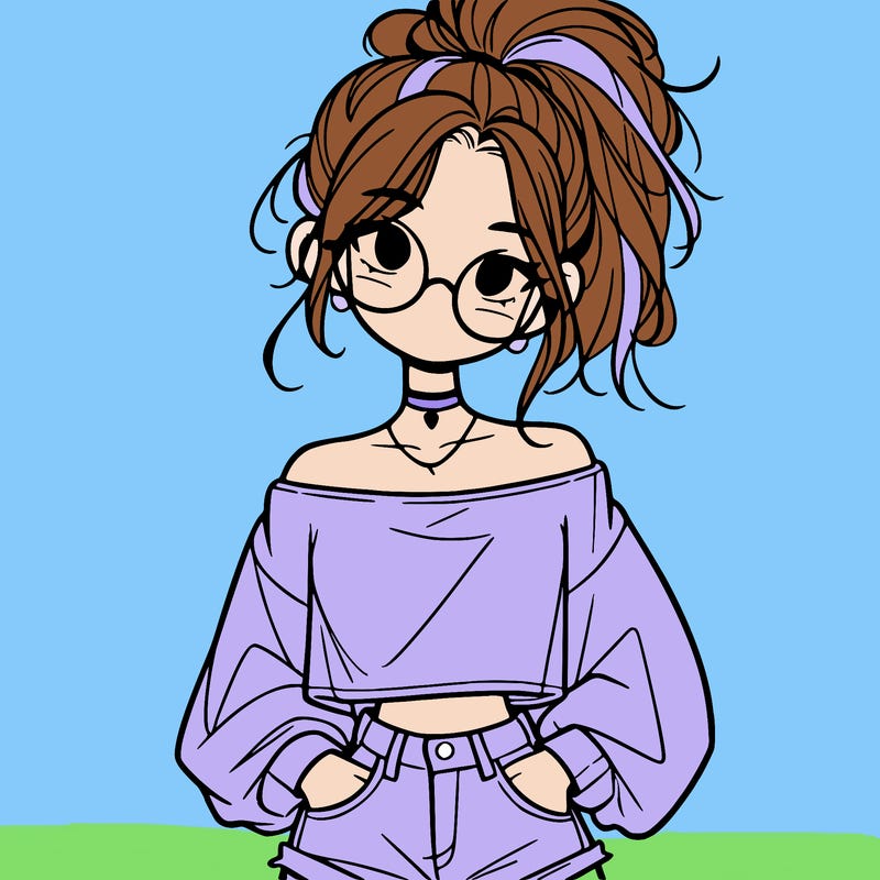girl with a messy ponytail glasses a baggy crop top and jean shorts