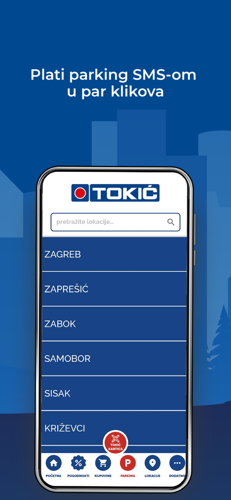 Tokić - Tokic app interface showing parking payment options by city