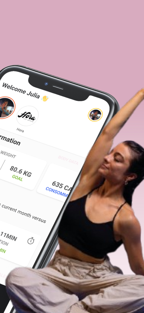 Hora - A woman stretching next to a smartphone screen displaying the Hora fitness app health dashboard