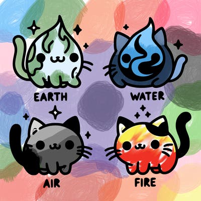 4 cats that represent the different elements, earth, water, air, and fire