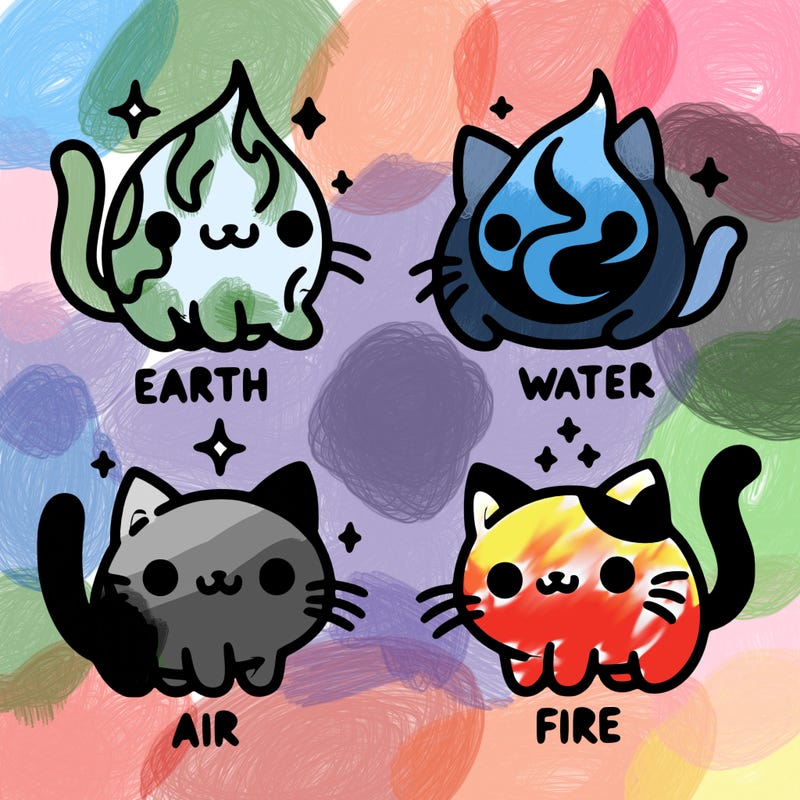 4 cats that represent the different elements, earth, water, air, and fire