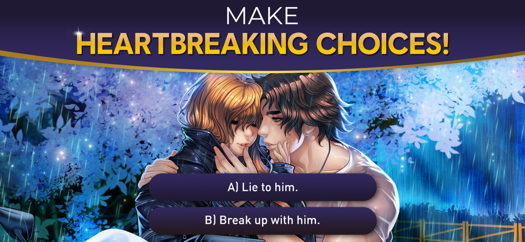 A romantic couple in the rain with interactive story choices to lie or break up