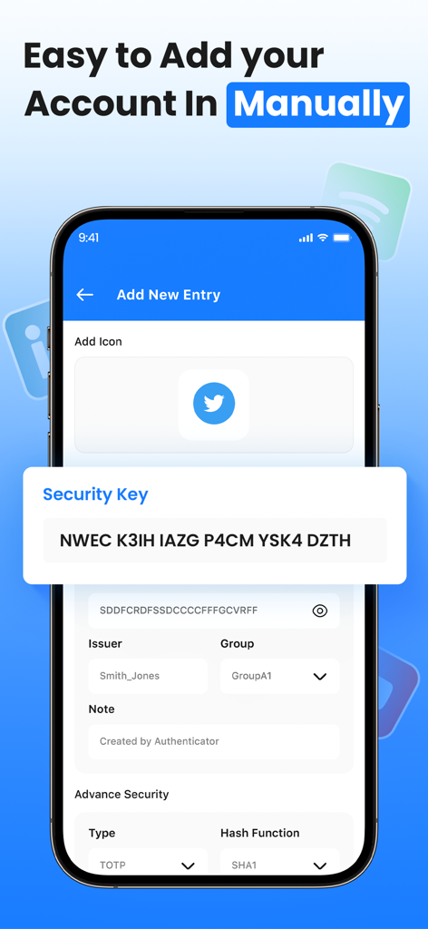 Two Factor Authenticator 2FA - Two Factor Authenticatorアプリのインターフェース。セキュリティキー入力フィールドが表示されている手動アカウント設定画面。
