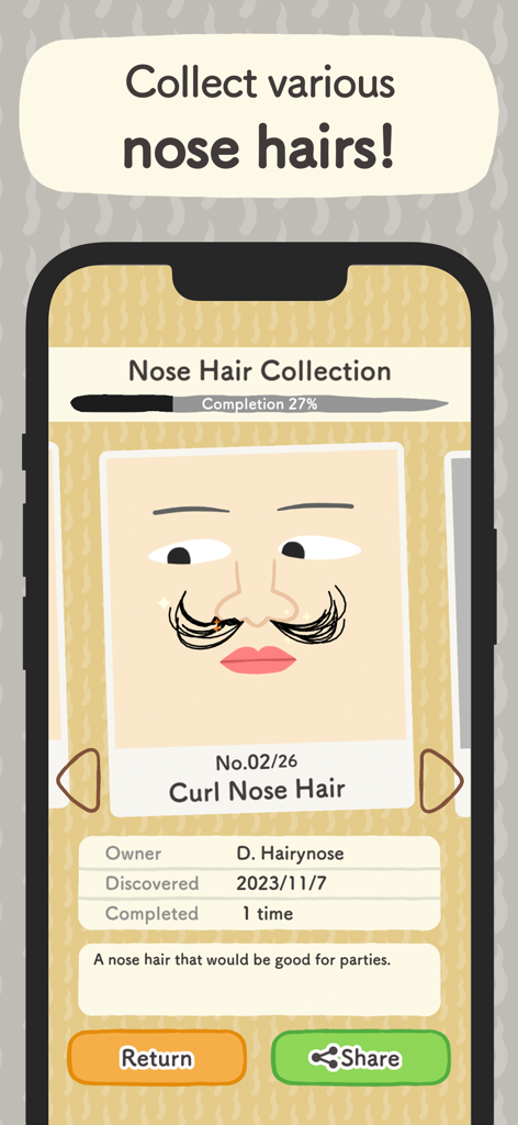 Do Nothing. - A quirky collection screen in the Do Nothing app showing a curled nose hair character on a minimalist face.