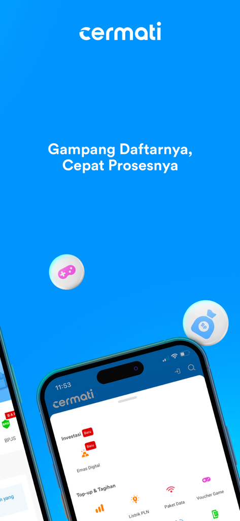 Cermati - Cek SLIK & Asuransi - Cermati mobile app interface showing gold investment and bill payment options