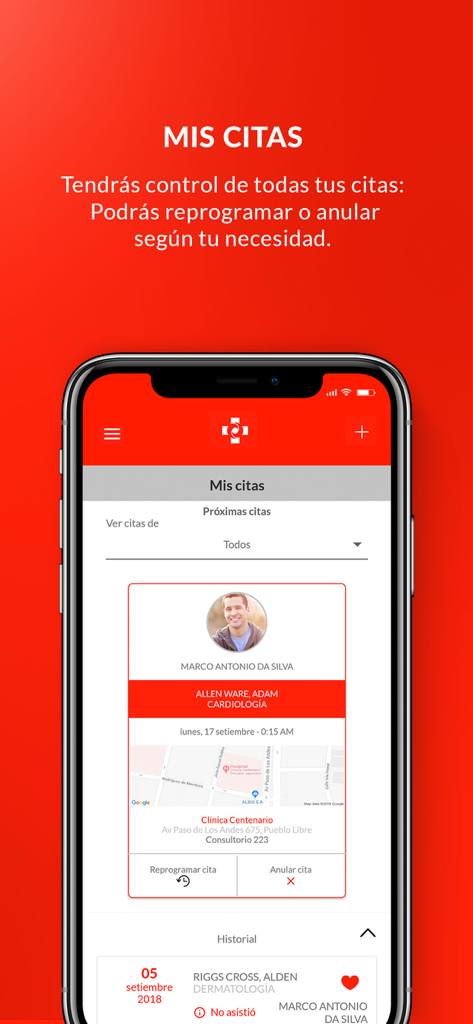 Screenshot of the Peruano Japonés SALUD app showing the My Appointments screen with options to reschedule or cancel a cardiology consultation.