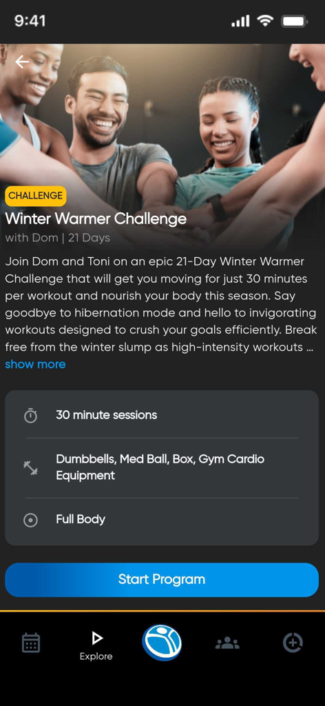 Planet Fitness Playアプリの画面。ウィンターウォーマーチャレンジの詳細と開始ボタンが表示されています。