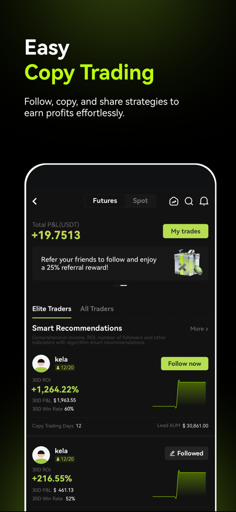 XT.com: Buy Bitcoin & Ethereum - XT.com mobile app dashboard for copy trading showing elite traders and profit statistics