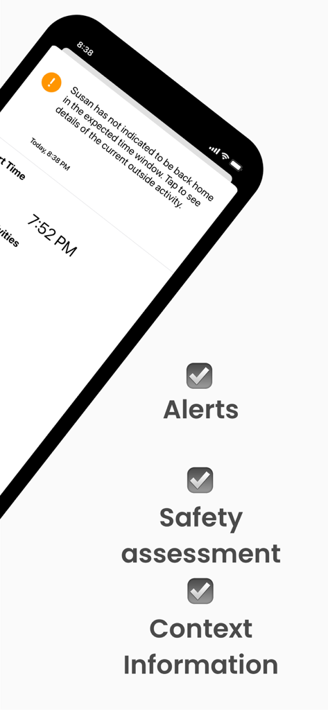 Dooinwell – Daily Check-in - Dooinwell app screen showing a safety alert for a missed check-in and feature icons for alerts and safety assessment