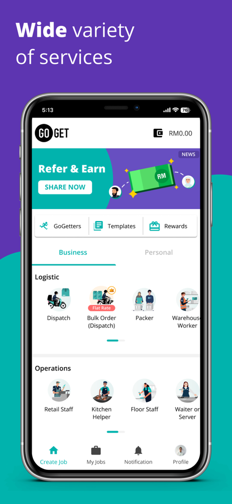 GoGet: Hire on demand - Screenshot of the GoGet mobile app interface showing a list of on-demand business services such as logistics dispatchers and operations staff