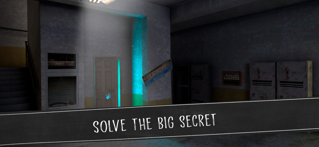 A dark hallway inside Eagle Junior High School featuring lockers and a glowing blue handprint on a door with a sign for the laundry room downstairs.