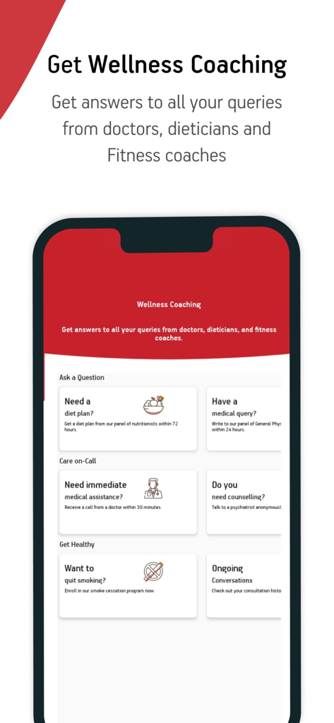 AB Multiply - Interfaccia dell'app AB Multiply che mostra opzioni di coaching per il benessere come piani dietetici, consulti medici e cessazione del fumo