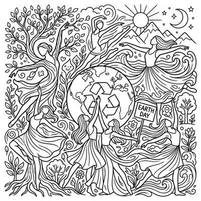 Immerse yourself in nature's beauty and the spirit of Earth Day with this exquisite coloring page. Featuring elegant dancers intertwined with natural elements and environmental motifs, it offers a truly engaging creative experience.