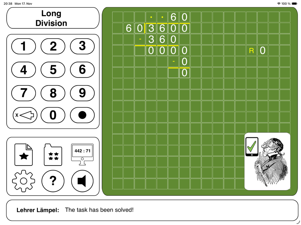 Un problema de división larga completado en la interfaz de la aplicación Lehrer Lampel para iPad que muestra un mensaje de tarea resuelta.