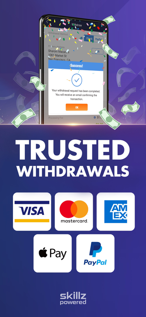 Yatzy Cash - Win Real Money - PayPal、Apple Pay、クレジットカードなどの信頼できる引き出し方法と、成功通知が表示されている Yatzy Cash アプリ。