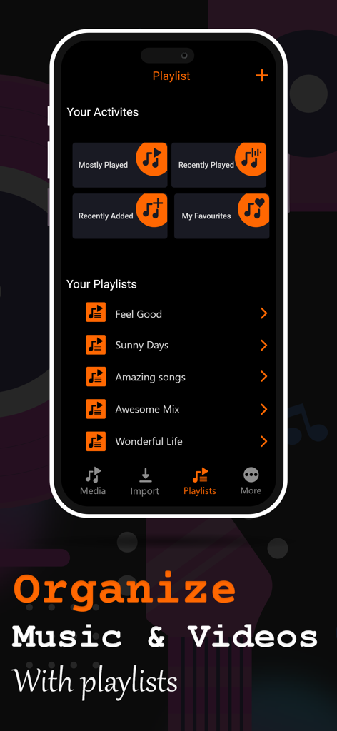 オフラインプレーヤーアプリのインターフェイス。カスタムプレイリストで音楽とビデオを整理する方法が表示されている。
