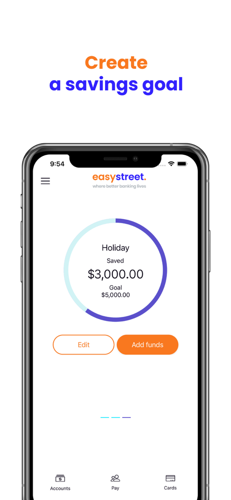 Easy Street - Easy Street mobile banking app interface showing a holiday savings goal tracker with progress circle
