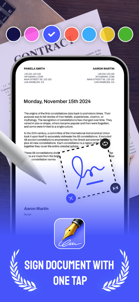 DigiSign - Sign PDF & Document - Ein Smartphone-Bildschirm, der die DigiSign-App-Oberfläche mit einer Signatur zeigt, die auf einen digitalen Vertrag angewendet wird