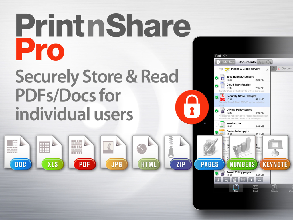 Print n Share Pro app interface for secure document storage and management on iPad