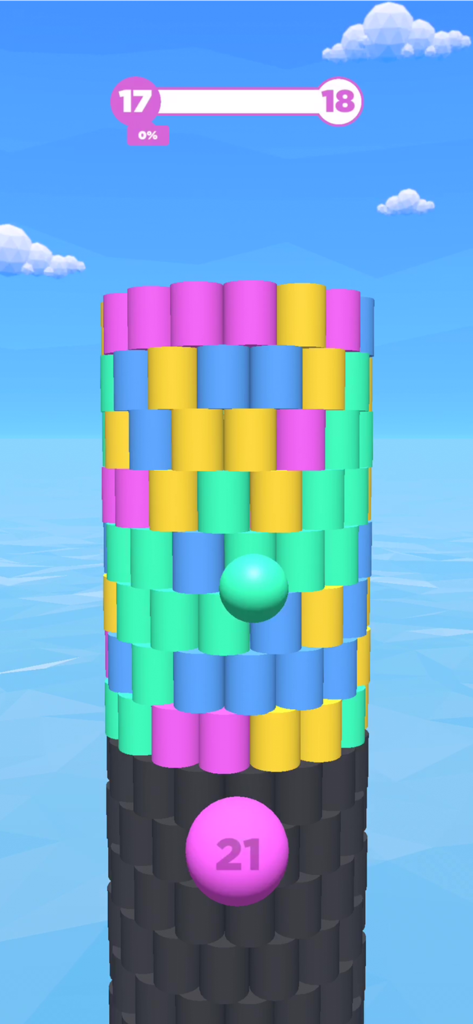 Tower Color - Hit and crash! - Gameplay of Tower Color showing a ball hitting a tower of colorful blocks