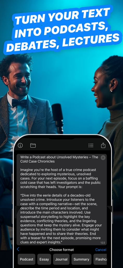 Interfaccia dell'app FreeTTS su iPhone che mostra il testo convertito in formato podcast tramite AI