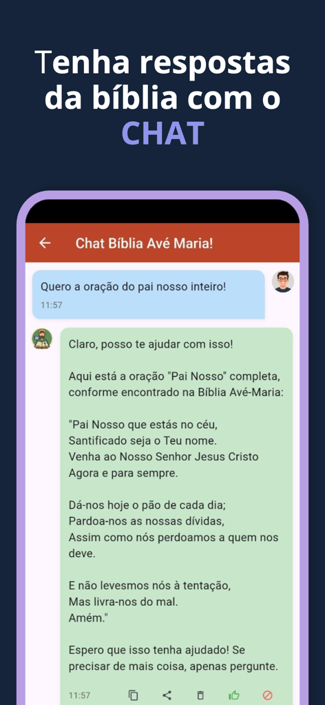Bíblia Católica IA - Interfaz de chat de IA de la aplicación Biblia Católica mostrando una conversación sobre la Oración del Señor en portugués.