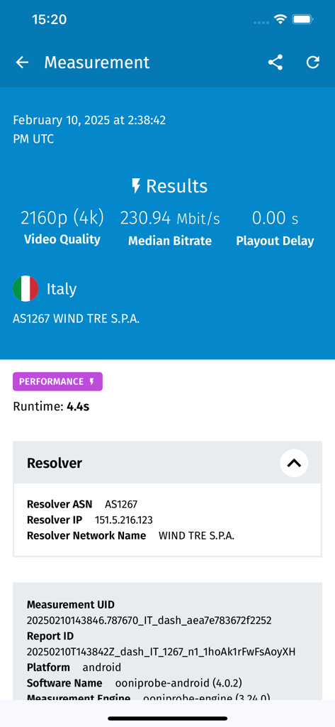 OONI Probe - Captura de pantalla de OONI Probe mostrando la medición de calidad de video 4K y los resultados de rendimiento de la red.