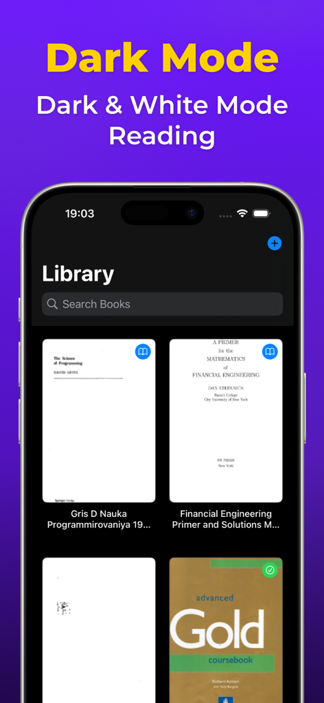 Interfaz de la aplicación DjVu Reader en modo oscuro mostrando una biblioteca de documentos académicos y técnicos
