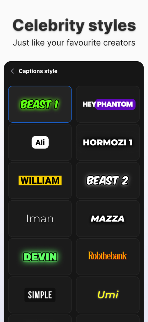 Capsula AI: Video Captions App - A menu showing various celebrity inspired video caption styles in the Capsula AI app