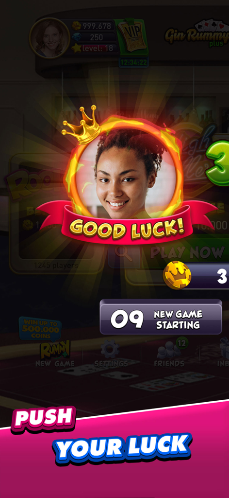 Gin Rummy Plus game interface showing a player profile and push your luck message