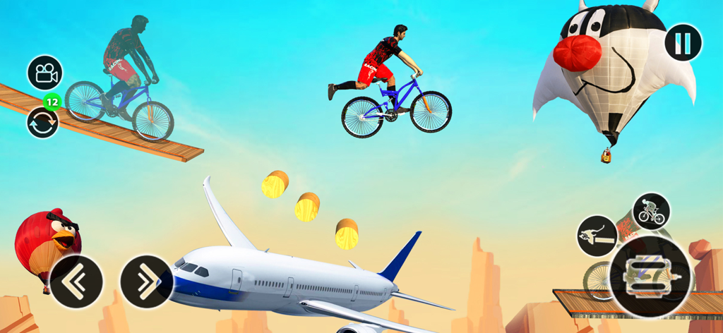 BMX Rider: Cycle Stunt Game - BMX rider performing a mid air stunt over sky high ramps with airplanes and hot air balloons in the background