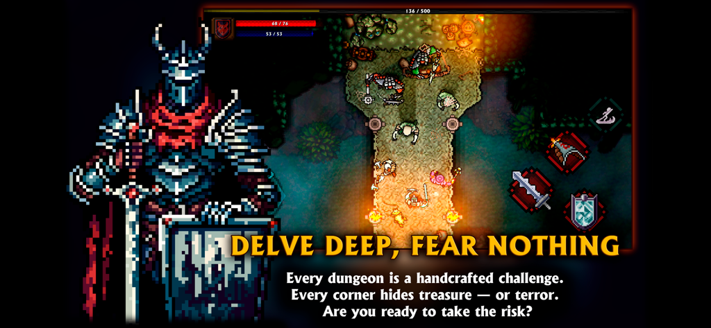 Jugabilidad de Pocket Rogues Ultimate con un caballero de pixel art y exploración de mazmorras desde arriba