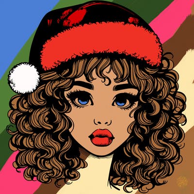 realistic girl with a santa hat curly hair and lips