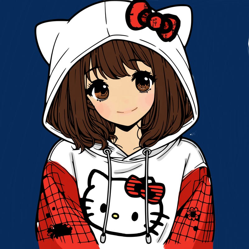 a girl wearing a hello kitty sweater with hood also realistic