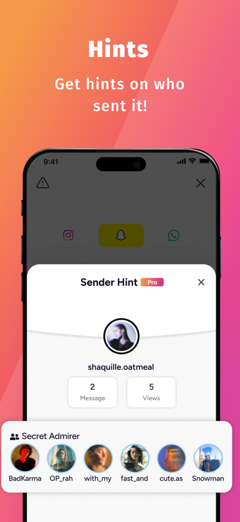 IMHO™: Honest Q&A with friends - Interfaz de la aplicación IMHO mostrando pistas del remitente y admiradores secretos