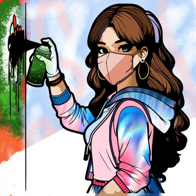 realistic girl with mask spray painting a wall