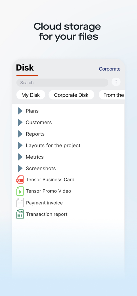 Saby - Saby app cloud storage interface showing corporate folders and business documents