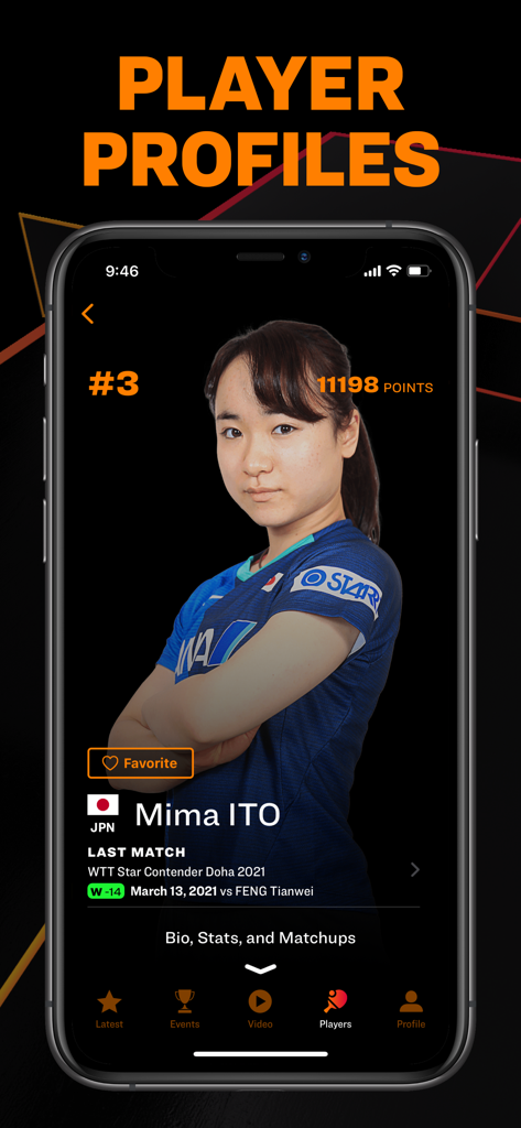 Una schermata mobile dall'app World Table Tennis che mostra il profilo del giocatore e la classifica mondiale di Mima Ito.