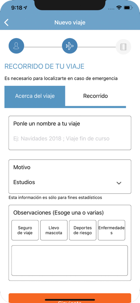 Registro de Viajeros MAUC - Form for adding new trip details in the Registro de Viajeros MAUC app