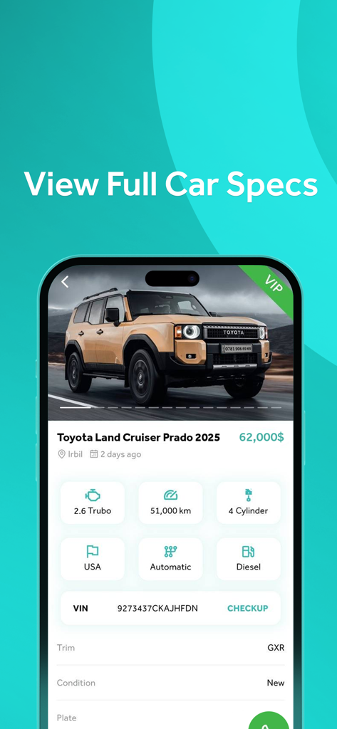 CAR GO: Buy, Sell and Go! - Detailed car specifications for a Toyota Land Cruiser listing in the CAR GO app