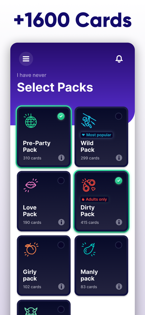 Never Ever: Dirty & Evil - Screenshot of the pack selection screen in the Never Ever Dirty and Evil party game app featuring various card packs